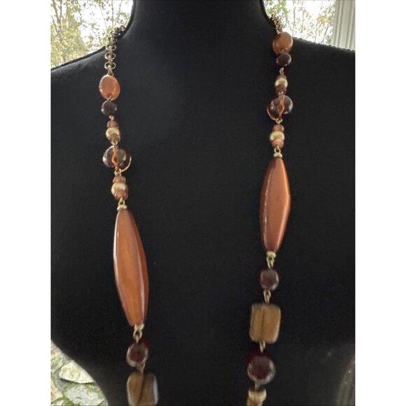 Chicos Brown Amber Gold Tone 20" Long Beaded Statement Necklace NEW - Picture 3 of 16